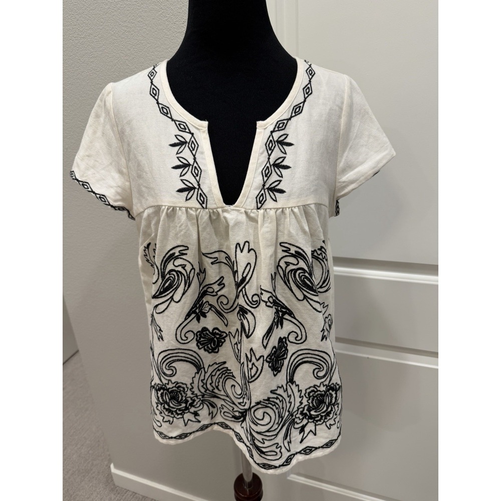 NWT Neiman Marcus Embroidered Peasant Blouse M Ivory/black Boho Cottagecore